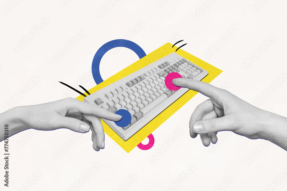 Fototapete collage artwork image of it specialist texting typing sms message pc computer keyboard isolated on c