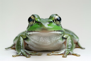 Obraz premium Green frog facing the camera against a white background. 