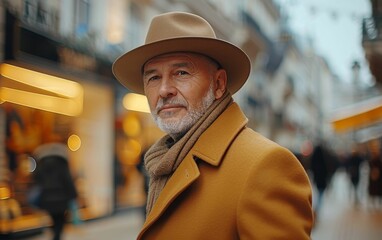 A man wearing a hat and a scarf is standing on a street. He is looking at the camera