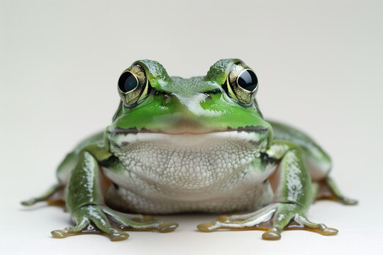 Green frog facing the camera against a white background. 