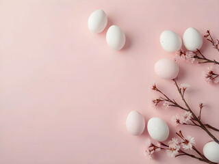 Colorful small Easter eggs with several flower branches on light pink background with copy space - Easter card background  generative ai