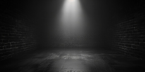 A dark room with a single light shining on the wall. The room is empty and has a feeling of emptiness and loneliness