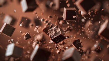 Rich, dark chocolate pieces suspended mid-air, capturing the luxurious and indulgent essence of cocoa for culinary and confectionery concepts.