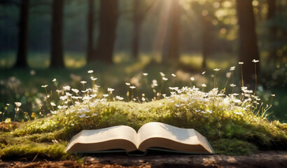 Old book lying on green moss in forest with trees in background. Open book with paper pages....