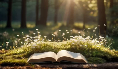 Crédence de cuisine en verre imprimé Forêt des fées Old book lying on green moss in forest with trees in background. Open book with paper pages. Concept of knowledge, wisdom, fairy tales