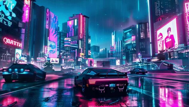 Calm cyberpunk ambience with neo noir megapolis in neon lights and a lake with a boat cinematic cityscape

