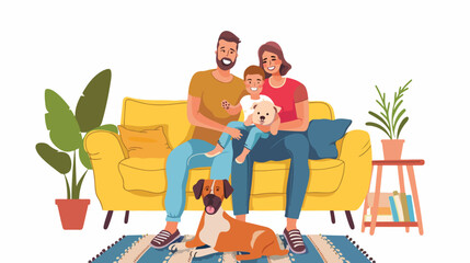 Happy family on sofa and puppy in living room Flat vector