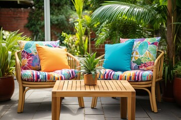 Fototapeta na wymiar Tropical Patio Paradise: Bamboo Furniture and Vibrant Cushions for Resort Vibes