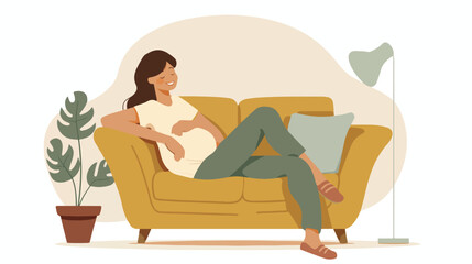 Happy pregnant woman on sofa at home Flat vector 80e638a6-1c25-43a0-9623-ce34260f73fc 2.eps