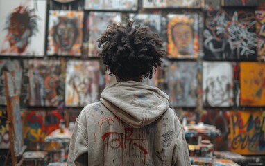A man stands in front of a wall of paintings, one of which has the word "bitch" spray painted on it