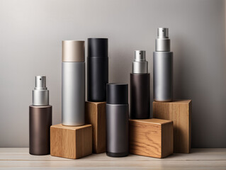 Monochrome matte tubes and bottles stand on wooden blocks. cosmetic products for skin and hair care. Light gray backdrop. Branding identity show case. 3d render imitation