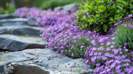 Purple Flowers Growing on Rock Wall