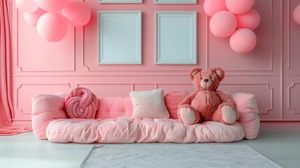 Cute interior of a children's room. Pink sofa with toys and modern furniture