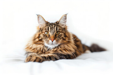 Beautiful Main Coon cat facing the camera, isolated on a white background