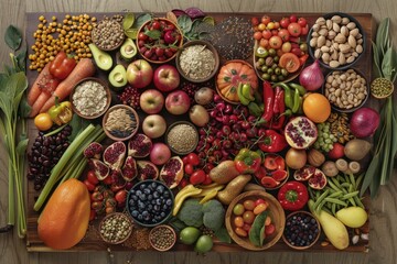 Healthy food background. Fruits and vegetables on wooden table.