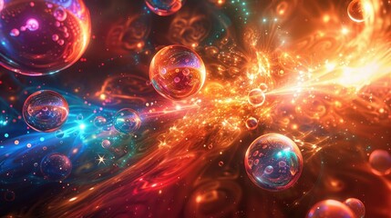 Abstract energy background with glowing orbs and spheres radiating light  - obrazy, fototapety, plakaty