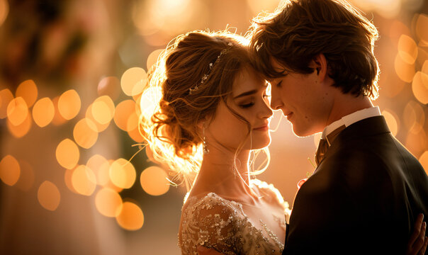 Bride and groom sharing first dance with backlighting. Studio portrait wedding photography with festive atmosphere. First dance and wedding celebration concept for design and print.