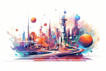A captivating, colorful vector depiction of a futuristic cityscape with sleek buildings and flying cars against a white solid background