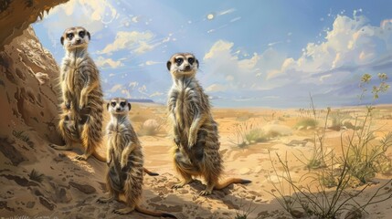A charming family of meerkats, standing upright on their hind legs in a sandy burrow, their inquisitive eyes scanning the horizon for signs of danger as they keep watch over their desert home. - obrazy, fototapety, plakaty