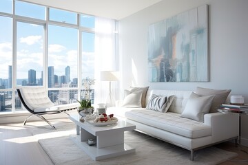Sleek White Palette: Ultra-Modern Condo Living Room Concepts with City Views