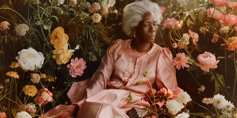 Elderly african woman with grey hair wearing old fashioned pink dress is sitting in field of flowers. Concept of wellbeing, peace and tranquility, as the woman is surrounded by nature. - 774752518