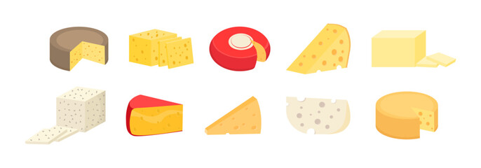 Set of cheese wheels and slices isolated on a white background. Various types of cheese. Modern flat style realistic icons. Fresh parmesan or cheddar. Vector illustration