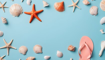 Minimalistic beach concept. Sea symbols idea. Sunglasses, flip flops, starfishes and seashell on pastel blue background. Creative summer concept. Holiday composition. Flat lay - obrazy, fototapety, plakaty