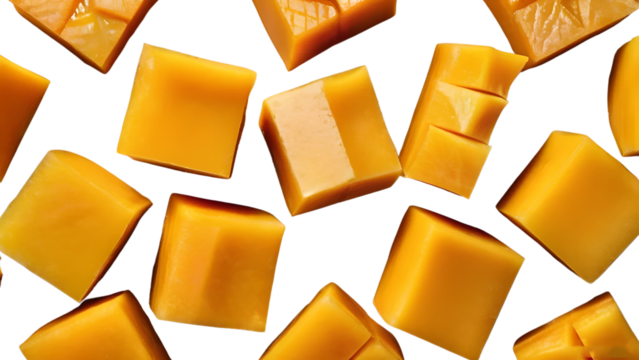 Mango cubes and mango slices isolated on transparent background