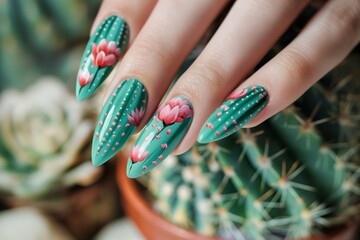 Close-up of woman's feet with cactus-inspired nail design, held over a collection of live prickly plants