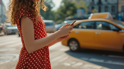 Order a taxi using mobile app. Young woman in summer dress holding mobile phone in her hands standing on city street near taxi car. - 774752978
