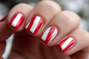 Close-up of a hand with red and white candy cane striped nail art, perfect for festive occasions