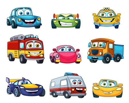 color book cars set. flat simple vehicle van golf microcars collection, logo label print patch or sticker. vector cartoon items set.