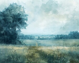 Countryside landscape in 6K, watercolor on textured paper, cool tones, tranquil and detailed