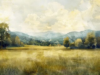 6K cool tone watercolor, countryside on textured paper, serene and intricately detailed
