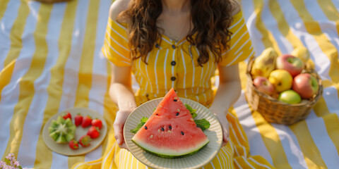 Summer picnic food. Woman is sitting on blanket with plate of watermelon in her hand. Woman is enjoying healthy fruit snacks while relaxing in sun. - 774753122