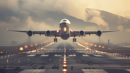 Un grande aereo di linea che decolla dalla pista di un aeroporto a mezzogiorno con il carrello d'atterraggio abbassato ,  aereo in fase di decollo  atterraggio - obrazy, fototapety, plakaty