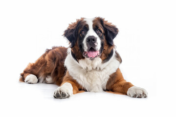 St. Bernard dog lying down facing the camera against a white background