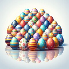 Fototapeta na wymiar A pyramid of vibrant, ornately decorated Easter eggs reflects on a white surface, showcasing a variety of patterns and hues. The eggs exhibit traditional and modern designs, symbolizing the diversity
