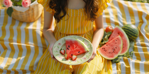 Girl in striped yellow summer dress relaxing outdoors enjoying fresh fruits during picnic. - 774753154
