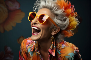 Happy senior woman in colorful orange outfit cool