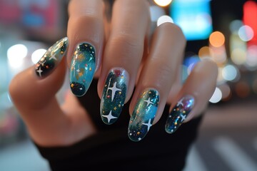 Beautiful zodiac-inspired nail art designs with astrology symbols and celestial constellations, perfect for a trendy and stylish manicure - obrazy, fototapety, plakaty