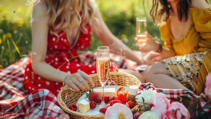 Female friends relaxing on summer picnic. Weekend activity. - 774753340