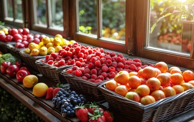 A window display of fruit including apples, oranges, and raspberries. The apples are in a basket on...