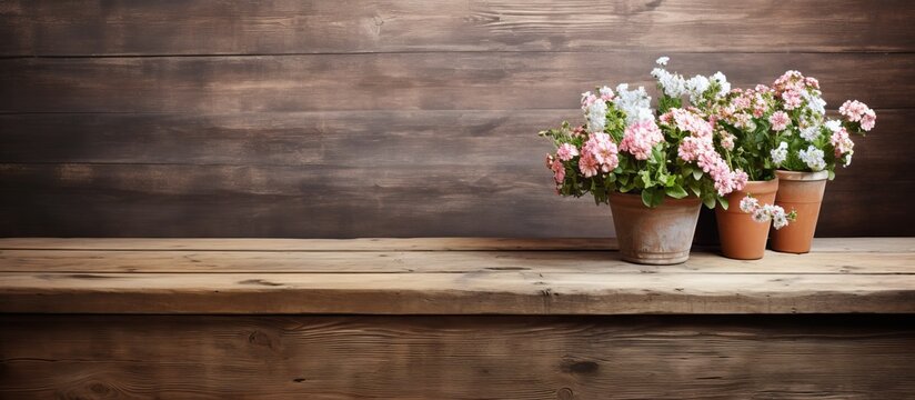 Two terracotta pots filled with colorful flowers placed on a rustic wooden table in a garden setting