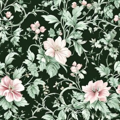 Illustration, vintage wallpaper pattern, ornate florals, soft pastel palette, intertwined with delicate vines, background for a rustic chic composition, high detail, seamless design, sage green.