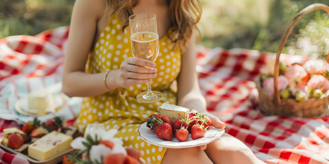 Summer picnic, dining al fresco, weekend activity. Woman with glass of champagne and plate of delicious snacks in her hands sitting on blanket on grass. - 774753527