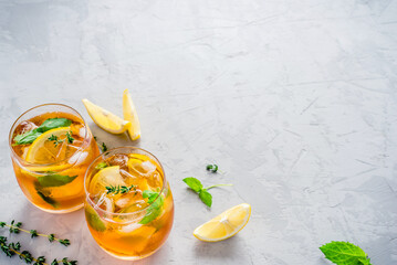 Iced tea with ice, mint and lemon. Refreshment cold summer drink.
