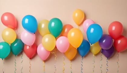 Pink, blue, yellow, green, purple, orange and red baloons with colorful drinking tubes on beige background. Party and unique concept. Flat lay. Top view - Powered by Adobe