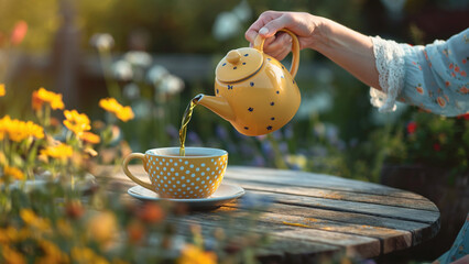 Tea party in summer garden. Person pouring tea from teapot into yellow polka dot cup standing on wooden table outdoors. - 774753712