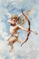 Fototapeta premium Watercolour oil painting of Cupid the Roman god of love who's Greek equivalent is Eros, for use as a Valentine Day's card or flyer, stock illustration image